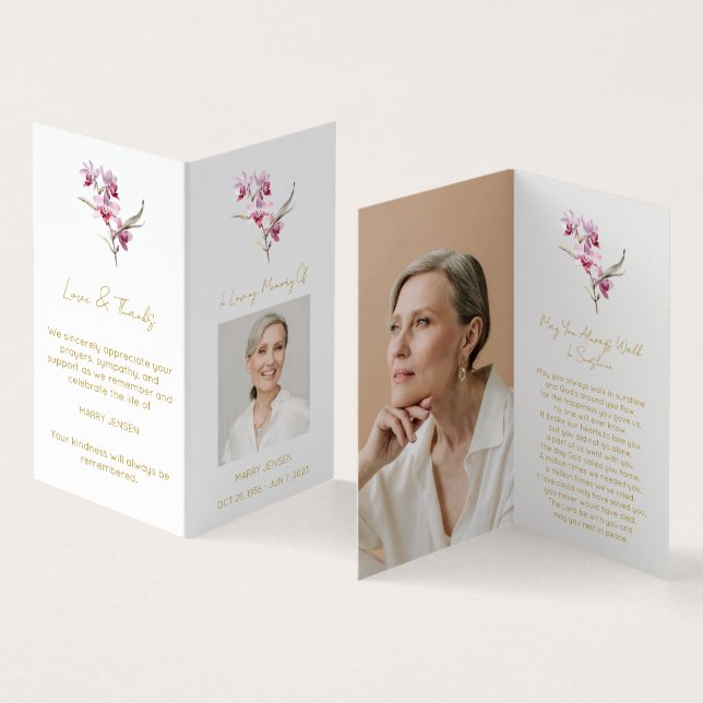 Folded Orchid Photo Funeral Prayer Card (Inside and Outside)