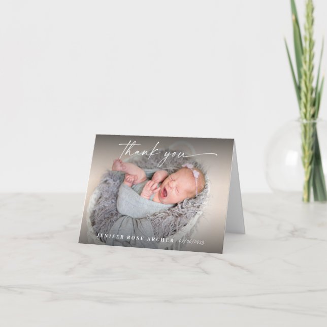 Folded photo baby thank you cards, script writing announcement (Front)