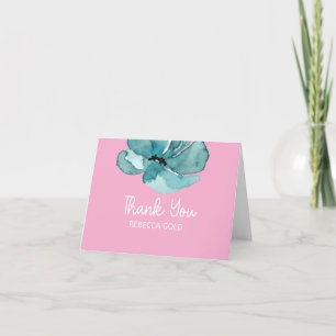 Folded Pink and Floral Watercolor Bat Mitzvah Thank You Card