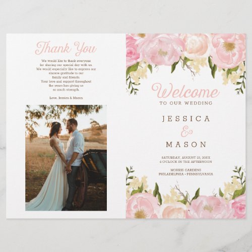 Folded Pink Floral Wedding Program Booklet Flyer