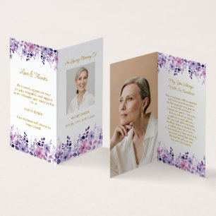 Folded Purple Flower Photo Funeral Prayer Card