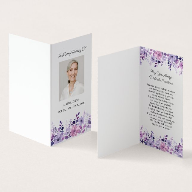Folded Purple Flower Photo Funeral Prayer Card (Inside and Outside)