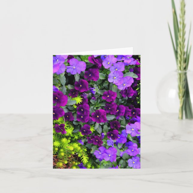 Folded Purple Pansies Note Card, Vertical Card (Front)