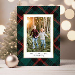 Folded Red and Green Plaid Christmas Photo Card