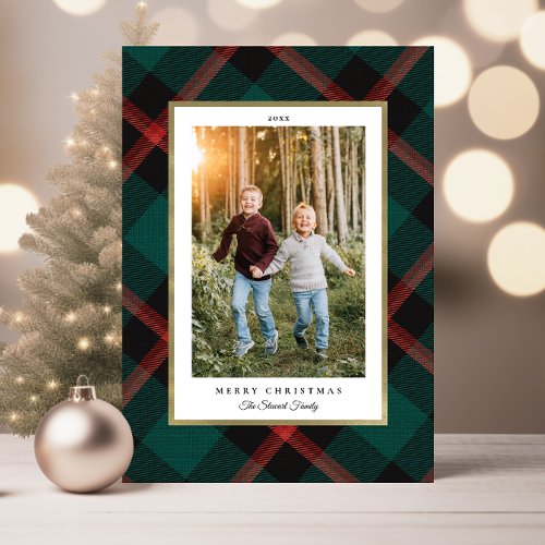 Folded Red and Green Plaid Christmas Photo Card