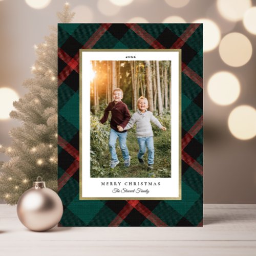 Folded Red and Green Plaid Photo Christmas Card