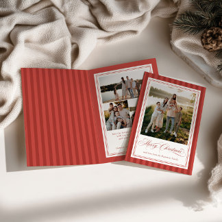 Folded Red Striped Photo Christmas Holiday Card