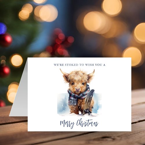 Folded Snowboarding Highland Cow Photo Card