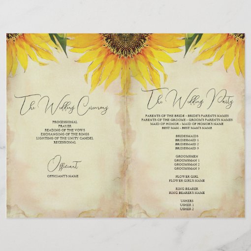 Folded Sunflower Wedding Program - Vintage | Zazzle