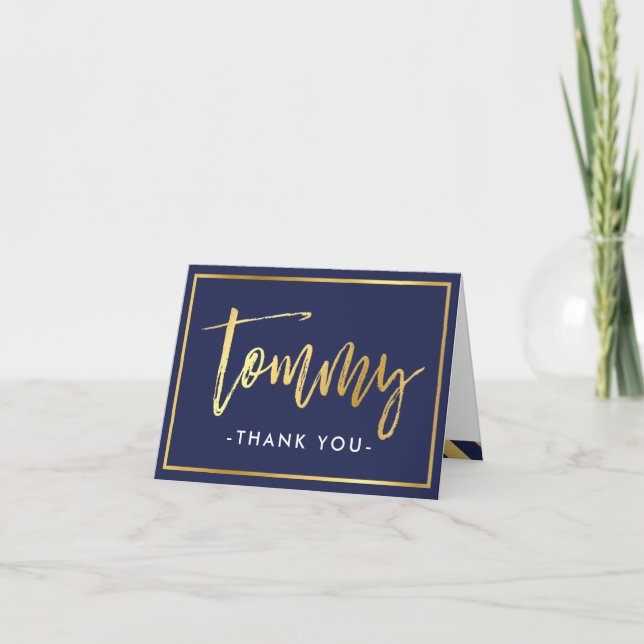 FOLDED THANK YOU bar mitzvah gold tommy navy blue Card (Front)