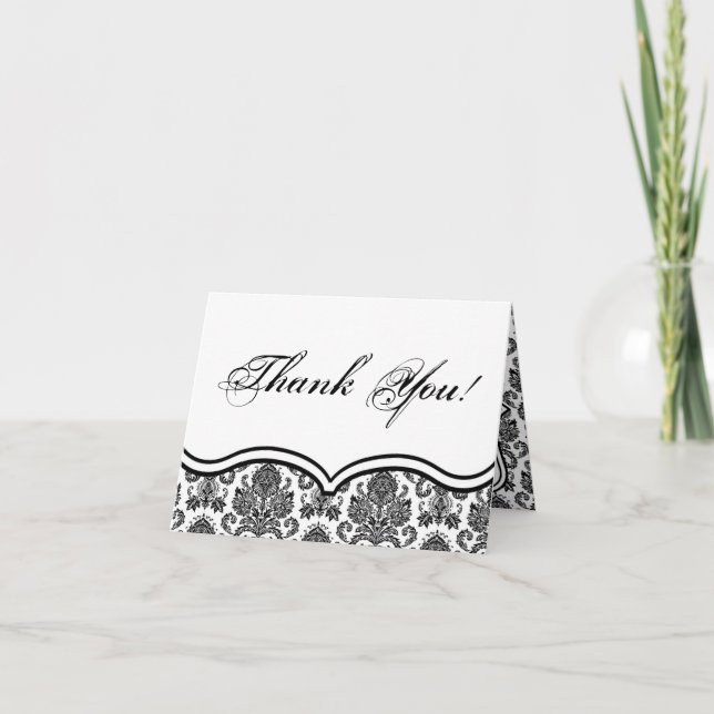 Folded Thank You Card Black White Damask Lace Prin (Front)