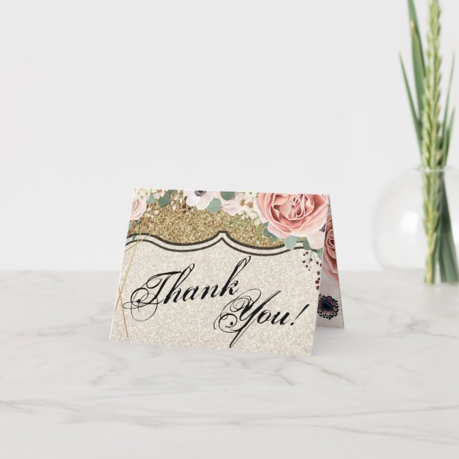 Folded Thank You Card Geometric Rose Gold Glitter (Front)