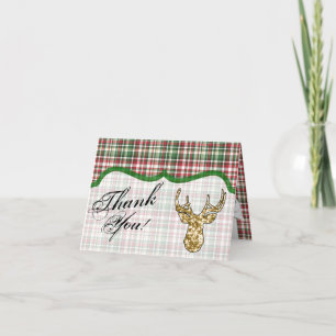Folded Thank You Card Gold Glitter Reindeer Plaid