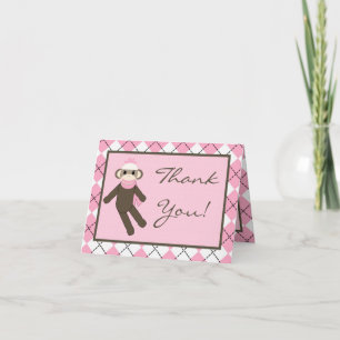 Folded Thank you Card Pink Argyle Sock Monkey