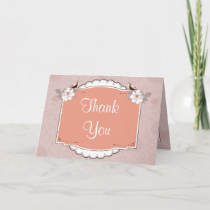 Folded Thank You Card Pink/Brown Floral Love Birds