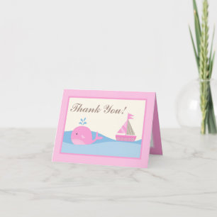 Folded Thank you Card Pink Naut Sail Boat Whale