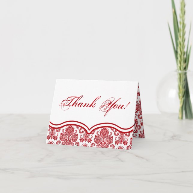 Folded Thank You Card Red Crimso White Damask Lace (Front)