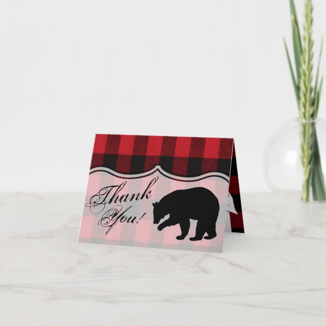 Folded Thank You Card Red Plaid Black Bear (Front)
