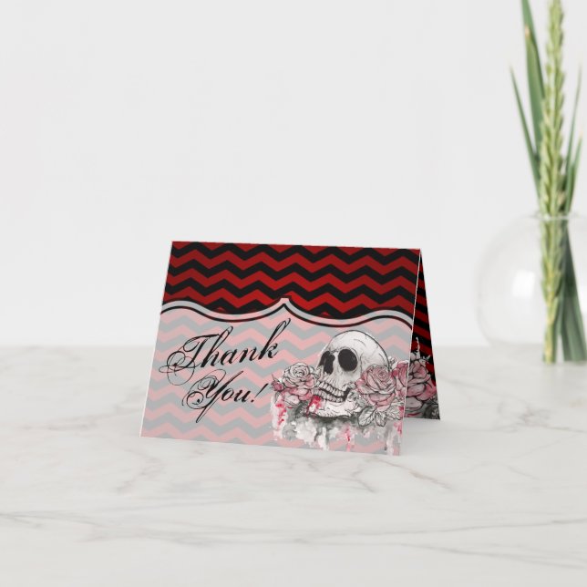 Folded Thank You Card skull Rose goth Chevron blac (Front)