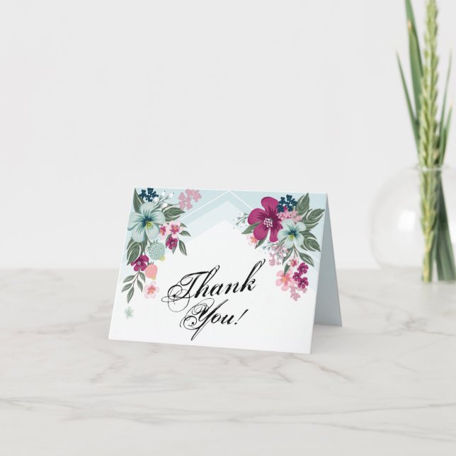 Folded Thank You Card Tropical Flower on Blue Ombr (Front)