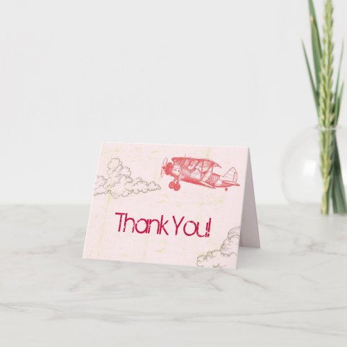 Folded Thank You Card Vintage Airplane in Clouds