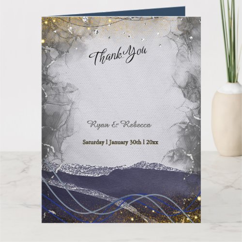 Folded Wedding Thank You Card | Navy Silver Gold