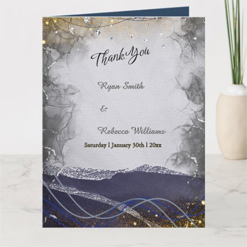 Folded Wedding Thank You Card | Navy Silver Gold