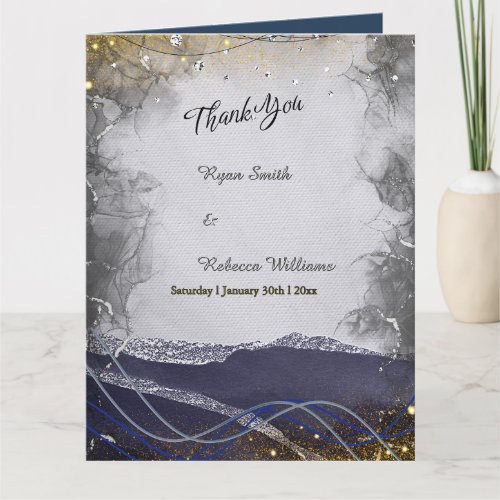Folded Wedding Thank You Card | Navy Silver Gold