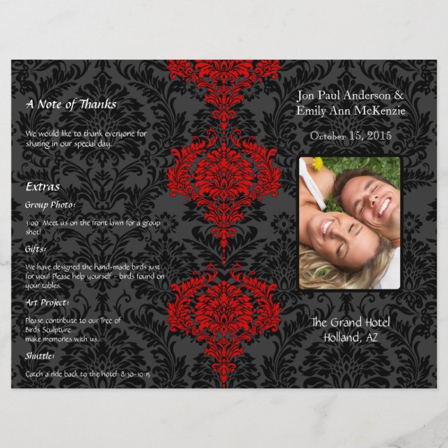 Folding Black Grey & Red Damask Photo Wedding (Front)