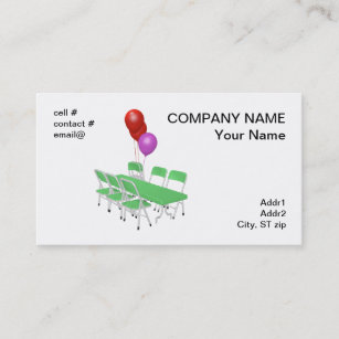 folding chair and tables with party balloons business card