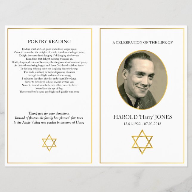Folding funeral pamphlet, Jewish Star of David Flyer (Front)