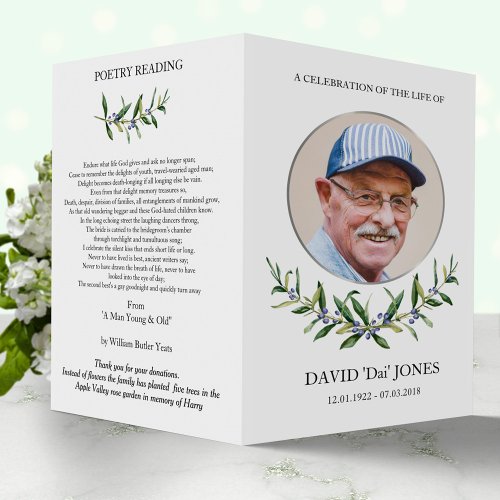 Folding obituary program olive wreath  silver flyer