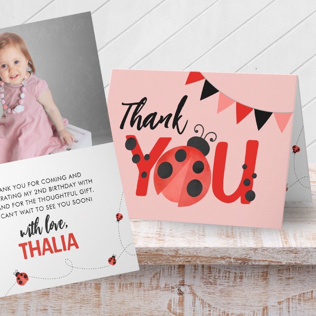 Folding Pink Ladybug Photo Thank You (Sweet Watercolor Ladybug Folding Thank You Cards in Light Salmon Pink. Personalized Inside.)