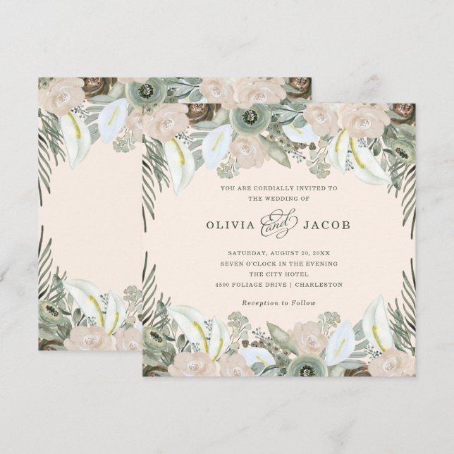 Foliage and Floral | Blush Pink Wedding Invitation (Front/Back)