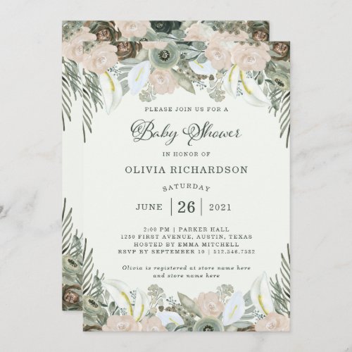 Foliage and Floral  Light Green Baby Shower Invitation