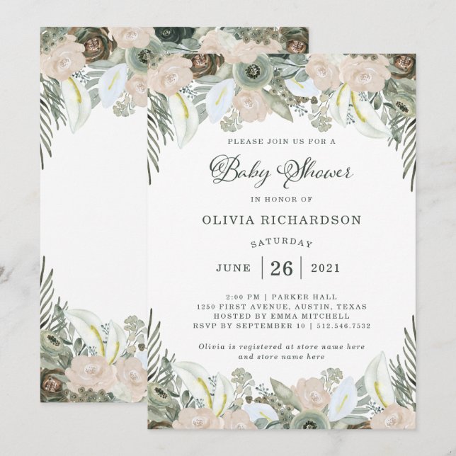 Foliage and Floral | Sage Green Baby Shower Invitation (Front/Back)