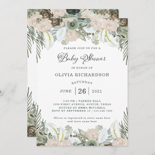 Foliage and Floral  Sage Green Baby Shower Invitation