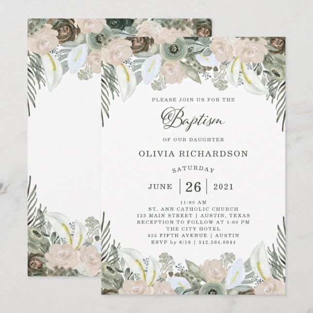 Foliage and Floral | Sage Green Baptism Invitation (Front/Back)