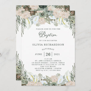 Foliage and Floral Sage Green Baptism Invitation