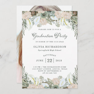 Foliage and Floral Sage Green Grad Party Photo Invitation