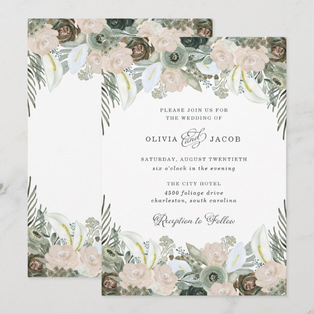 Foliage and Floral | Sage Green Wedding Invitation (Front/Back)