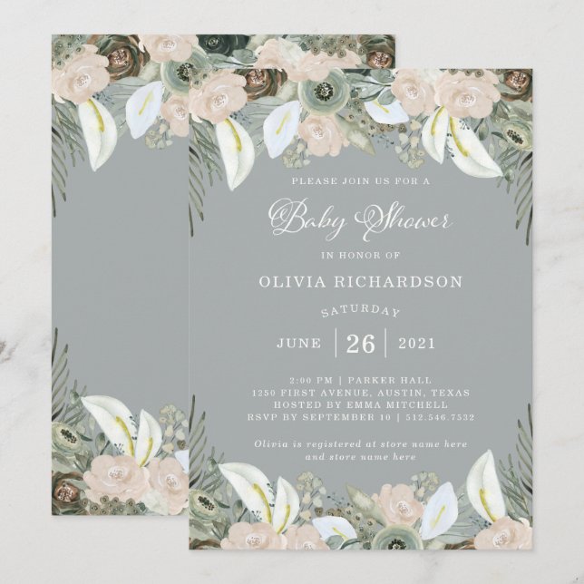 Foliage and Floral | Soft Gray Baby Shower Invitation (Front/Back)