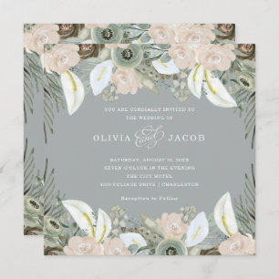 Foliage and Floral   Soft Gray Wedding Invitation