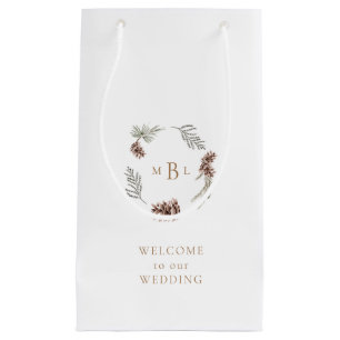 Foliage and Gold Monogram White Winter Wedding Small Gift Bag