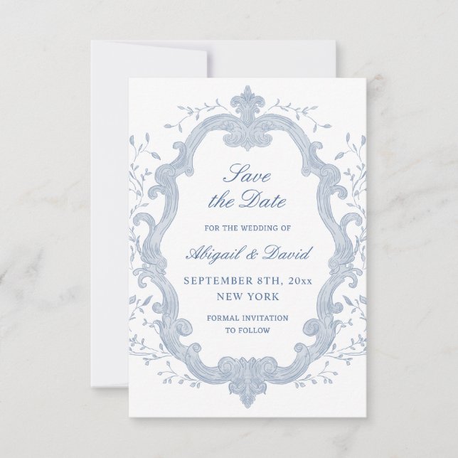 Foliage Blue Crest Wedding Save The Date (Front)