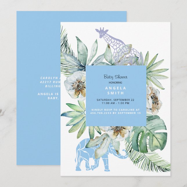 Foliage Blue Jungle Animals Baby Shower Invitation (Front/Back)