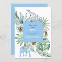 Foliage Blue Jungle Animals Baby Shower Invitation