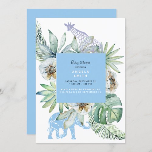 Foliage Blue Jungle Animals Baby Shower Invitation