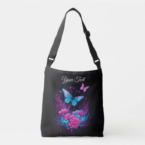 foliage blue purple pink Butterflies flowers chic Crossbody Bag