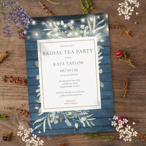 Foliage Blue Rustic String Lights Bridal Tea Party Invitation